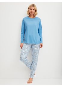 Schlafanzug Calida "Cotton Special", Damen, Gr. L (48/50), blau (riviera blau), Single Jersey, Obermaterial: 100% Baumwolle, gemustert, unifarben, bequem lang, Rundhals, gerader Abschluss, Homewear-Sets Schlafanzug, Langarm, bequem, Baumwolle, Rundhals-Ausschnitt