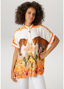 Kurzarmbluse Aniston CASUAL, Damen, Gr. 48/50, wollwei&szlig;, orange, gelb, rot, rosa, khaki, braun, gr&uuml;n, Web, Obermaterial: 100% Viskose, bedruckt, gebl&uuml;mt, oversize h&uuml;ftbedeckend, Blusen Kurzarmbluse, mit Leoparden, tropischen V&ouml;geln, Bl&uuml;ten + Bl&auml;ttern - NEUE KOLLEKTION