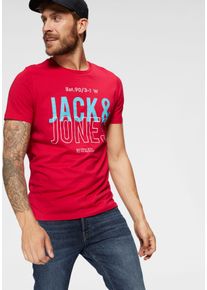 Jack & Jones T-Shirt JACK & JONES "JCOKOMPO Kurzarm-Design mit Print und optimaler Passform", Herren, Gr. L, rot (tango rot), Single Jersey, Obermaterial: 100% Baumwolle, Basic schmal normal, Rundhals, Shirts T-Shirt, Print, modisch, regular fit, Baumwolle, Rundhals