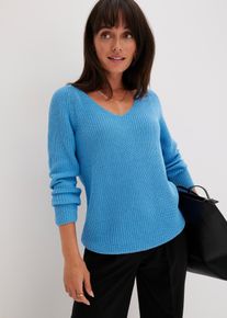 Strickpullover bonprix "Gerippter Pullover aus reiner Baumwolle", Damen, Gr. 40/42 (M), blau (brilliantblau), Strick, Obermaterial: 100% Baumwolle, unifarben, l&auml;ssig geschnitten normal, V-Ausschnitt, gerader Abschluss, Pullover Strickpullover, aus reiner Baumwolle, mit V-Ausschnitt, unifarben, l&auml;ssige Passform