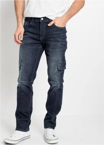 Cargojeans bonprix "Slim Fit Cargo-Stretch-Jeans, Straight", Herren, Gr. 46, N-Gr, blau (dunkelblau denim used), Obermaterial: 98% Baumwolle, 2% Elasthan, slim fit, Jeans Cargojeans, Slim Fit, aus Baumwolle und Elasthan, mit gewaschener Optik