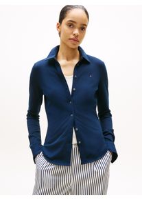 Langarmbluse Tommy Hilfiger "SLIM PIQUE", Damen, Gr. XXL, blau (schwarz night navy), Web, Obermaterial: 96% Baumwolle, 4% Elasthan, unifarben, slim fit normal, Rundhals, Blusen Langarmbluse, Baumwollmischung, slim fit