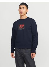 Jack & Jones Sweatshirt JACK & JONES "JJHUDSON &ndash; Sweatshirt mit Print, Rundhals und Kapuze", Herren, Gr. XS, blau (sky captain), angeraute Sweatware, Obermaterial: 100% Baumwolle, bedruckt, regular fit, Rundhals, Rippb&uuml;ndchen, Sweatshirts Sweatshirt, Print, modisch, regular fit, angeraute Sweatware, Rundhals