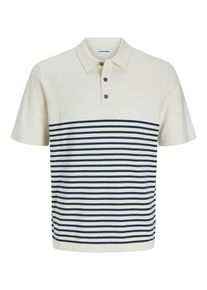 Jack & Jones Kurzarmpullover JACK & JONES "JJEEMIL KNIT RELAXED POLO SS SN", Herren, Gr. L, cloud dancer stripes:with navy blazer, Strick, Obermaterial: 60% Baumwolle, 20% Nylon, 20% Viskose, gestreift, regular fit taillenbedeckt, ohne Ausschnitt, gerader Abschluss, Pullover Kurzarmpullover, mit Polo Kragen