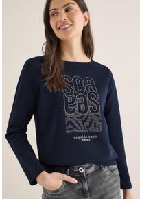 Langarmshirt Cecil, Damen, Gr. S (38), universal blau, Sweatware, Obermaterial: 47% Baumwolle, 47% Polyester, 6% Elasthan, bestickt, normal, U-Boot-Ausschnitt, abgesteppt, Shirts Langarmshirt, modernes Front-Artwork mit Stickerei