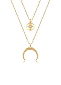 Silberkette Elli "Halskette Layer Halbmond Stern Pl&auml;ttchen Zirkonia 925 Sterling Silber" Gr. 45, gold, Halsketten, Damen, mit Stein, Silber 925 (Sterlingsilber), Silberkette