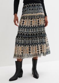 Stufenrock bonprix "Stufenrock", Damen, Gr. 52/54 (XXL), blau (nachtblau, kieselbeige bedruckt), Web, Obermaterial: 96% Polyester, 4% Elasthan. Futter: 100% Polyester, bedruckt, gemustert, loose fit 3/4-L&auml;nge, R&ouml;cke Stufenrock, aus leichtem Materialmix, mit elastischem Bund, lockerer Schnitt