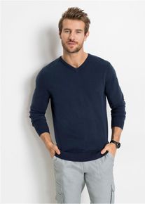 Strickpullover bonprix "Feinstrickpullover in Regular Fit", Herren, Gr. 56/58 (XL), blau (dunkelblau), Strick, Obermaterial: 70% Baumwolle, 30% Polyamid, unifarben, regular fit h&uuml;ftlang, V-Ausschnitt, Strickb&uuml;ndchen, Pullover Strickpullover, aus Feinstrickmaterial, mit V-Ausschnitt, Regular Fit