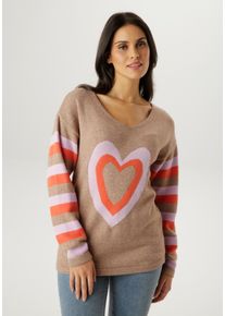 Strickpullover Aniston SELECTED, Damen, Gr. 36, braunbeige, orange, rosa, Strick, Obermaterial: 50% Viskose, 26% Polyamid, 24% Polyester, gemustert, h&uuml;ftbedeckend, V-Ausschnitt, Pullover Strickpullover, mit eingestrickten Herzen - NEUE KOLLEKTION