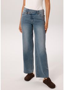 Straight-Jeans Aniston CASUAL, Damen, Gr. 46, N-Gr, blau used, Denim/Jeans, Obermaterial: 81% Baumwolle, 17% Polyester, 2% Elasthan, Abriebeffekte, figurumspielend lang, Jeans Straight-Jeans, mit extravaganten, asymmetrischem Verschluss - NEUE KOLLEKTION