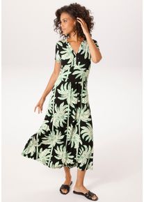 Sommerkleid Aniston CASUAL, Damen, Gr. 44, N-Gr, schwarz (schwarz, wollwei&szlig;, smaragdgr&uuml;n), Single Jersey, Obermaterial: 95% Viskose, 5% Elasthan, bedruckt, figurumspielend wadenlang, V-Ausschnitt, Kleider Sommerkleid, mit gro&szlig;fl&auml;chigen, grafischen Palmen bedruckt - NEUE KOLLEKTION