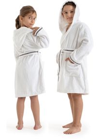 Kinderbademantel Bruno Banani "Danny, Ideal f&uuml;r Zuhause, Schwimmbad oder im Urlaub" Gr. 128, wei&szlig;, L:84cm, Walkfrottee, Hausm&auml;ntel, Kinderbademantel, mit Logostreifen, aus 100% Baumwolle