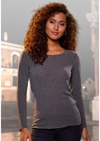 Langarmshirt Lascana "mit feiner Glitzereinfassung", Damen, Gr. 32/34, schwarz (anthrazit melange), Feinstrick, Obermaterial: 62% Polyester (REPREVE), 34% Viskose, 4% Elasthan, Glanzfaden, unifarben, bequem, tiefer Rundhals, Shirts Langarmshirt, aus weichem Viskose-Feinstrick, Topseller