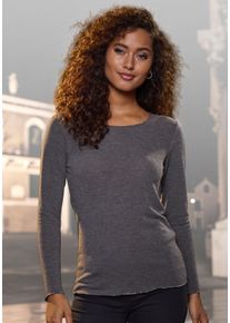 Langarmshirt Lascana "mit feiner Glitzereinfassung", Damen, Gr. 48/50, schwarz (anthrazit melange), Feinstrick, Obermaterial: 62% Polyester (REPREVE), 34% Viskose, 4% Elasthan, Glanzfaden, unifarben, bequem, tiefer Rundhals, Shirts Langarmshirt, aus weichem Viskose-Feinstrick, Topseller