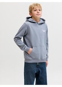 Jack & Jones Kapuzensweatshirt JACK & JONES JUNIOR "JORNORREBRO TYPO BACK SWEAT HOOD SN JNR", Jungen, Gr. 164, tradewinds, angeraute Sweatware, Obermaterial: 89% Baumwolle, 11% Polyester, bedruckt, relaxed fit normal, Rundhals, Rippb&uuml;ndchen, Sweatshirts Kapuzensweatshirt, Baumwollmischung, relaxed fit, Langarm