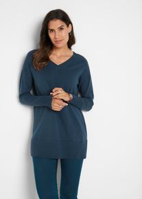 Longpullover bonprix "Long-Pullover", Damen, Gr. 40/42 (M), blau (dunkelblau), Obermaterial: 70% Baumwolle, 30% Polyamid, loose fit, V-Ausschnitt, Pullover Longpullover, aus Baumwolle und Polyamid, mit V-Ausschnitt, mit Seitenschlitzen