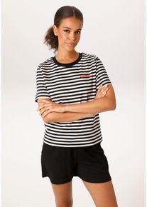 T-Shirt Aniston CASUAL, Damen, Gr. 42, schwarz, wollwei&szlig;, orange, gelb, Single Jersey, Obermaterial: 100% Baumwolle, bedruckt, bestickt, geringelt, figurumspielend h&uuml;ftlang, Rundhals, Shirts T-Shirt, mit Smiley und Folienprint im R&uuml;cken - NEUE KOLLEKTION