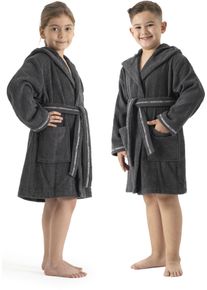 Kinderbademantel Bruno Banani "Danny, Ideal f&uuml;r Zuhause, Schwimmbad oder im Urlaub" Gr. 128, grau (anthrazit), L:84cm, Walkfrottee, Hausm&auml;ntel, Kinderbademantel, mit Logostreifen, aus 100% Baumwolle