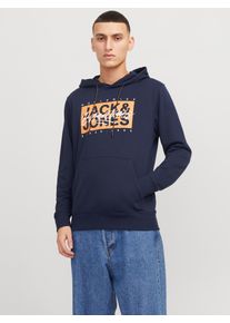Jack & Jones Kapuzensweatshirt JACK & JONES "JJCOLTON &ndash; Sweater mit Print, Regular Fit und Materialmix", Herren, Gr. M, blau (sky captain), angeraute Sweatware, Obermaterial: 60% Baumwolle, 40% Polyester, bedruckt, regular fit normal, Rippb&uuml;ndchen, Sweatshirts Kapuzensweatshirt, bedruckt, modisch, regular fit, angeraute Sweatware, Kapuze