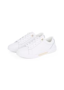 Plateausneaker Tommy Hilfiger "CHIC COURT SNEAKER", Damen, Gr. 37, wei&szlig;, Leder, Schuhe Plateausneaker, Freizeitschuh, Halbschuh, Schn&uuml;rschuh, goldfarbenes Schmuckelement