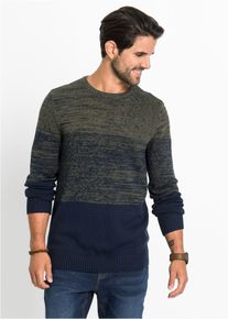 Strickpullover bonprix "Feinstrickpullover mit Komfortschnitt und Baumwolle", Herren, Gr. 64 (3XL), gr&uuml;n (dunkeloliv dunkelblau quer gestreift), Obermaterial: 50% Baumwolle, 50% Polyacryl, regular fit, Pullover Strickpullover, aus Baumwolle und Polyacryl, mit Rundhalsausschnitt, Regular fit