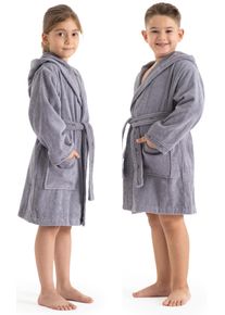Kinderbademantel Bruno Banani "Danny, Ideal f&uuml;r Zuhause, Schwimmbad oder im Urlaub" Gr. 104, grau, L:61cm, Walkfrottee, Hausm&auml;ntel, Kinderbademantel, mit Logostreifen, aus 100% Baumwolle