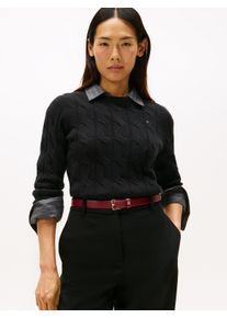 Strickpullover Tommy Hilfiger "SOFT WOOL CABLE C-NK", Damen, Gr. XS (34), schwarz, Strick, Obermaterial: 100% Wolle, unifarben, normal, Rundhals, B&uuml;ndchen, Pullover Strickpullover, Wolle, mit Zopfmuster