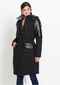 Langjacke bonprix, Damen, Gr. 36, schwarz, Obermaterial: 58% Polyester, 42% Baumwolle. Einsatz: 100% Viskose. Futter: 100% Polyester, unifarben, loose fit, Jacken Langjacke, lockerer loose fit, mit gro&szlig;er abnehmbarer Kapuze, hoher Stehkragen