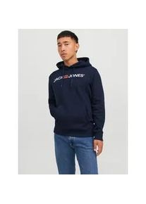 Jack & Jones Kapuzensweatshirt JACK & JONES "JJECORP Hoodie mit Logo und hohem Tragekomfort", Herren, Gr. XL, blau (navy blazer), angeraute Sweatware, Obermaterial: 70% Baumwolle, 30% Polyester, bedruckt, normal normal, Rundhals, Rippb&uuml;ndchen, Sweatshirts, bedruckt, casual, regular fit, Baumwollmischung, Rundhals