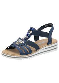 Riemchensandale Rieker, Damen, Gr. 39, blau (jeansblau), Lederimitat, Schuhe Riemchensandale, Sommerschuh, Sandalette, Keilabsatz, mit sommerlicher Verzierung