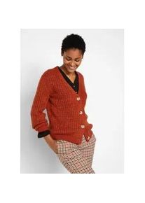 Strickjacke bonprix "Grobe Strickjacke mit recycelter Baumwolle", Damen, Gr. 40/42 (M), braun (rostbraun meliert), Strick, Obermaterial: 47% Polyacryl, 36% Baumwolle, 17% Polyester, meliert, bequem normal, V-Ausschnitt, Rippb&uuml;ndchen, Strickjacken Strickjacke, bequeme Passform, melierte Optik, mit dekorativen Kn&ouml;pfen