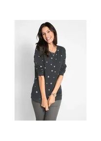 Langarmshirt bonprix, Damen, Gr. 40/42 (M), schwarz (schwarz bedruckt), Obermaterial: 100% Baumwolle, figurumspielend, Shirts Langarmshirt, figurumspielende Passform, mit Rundhalsausschnitt, aus Baumwolle