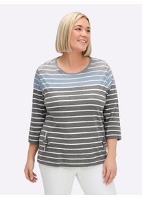 sheego Gro&szlig;e Gr&ouml;&szlig;en 3/4-Arm-Shirt mit 2 imitierten Taschen, grau-blau-gestreift, Gr&ouml;&szlig;e 52 - Damen