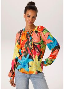 Schlupfbluse Aniston CASUAL, Damen, Gr. 46, t&uuml;rkis, blau, fuchsia, orange, rot, rosa, oliv, limette, hellgr&uuml;n, taupe, schwarz, Web, Obermaterial: 100% Viskose, bedruckt, gebl&uuml;mt, l&auml;ssig geschnitten h&uuml;ftlang, Rundhals, Raglan&auml;rmel 1-Knopf-Manschette, Blusen Schlupfbluse, mit farbenfrohen, gro&szlig;fl&auml;chigen Bl&uuml;ten bedruckt - NEUE KOLLEKTION
