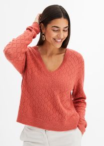 Ajourpullover bonprix "Ajour-Pullover", Damen, Gr. 48/50 (XL), rosa (rhabarber), Obermaterial: 67% Polyacryl, 30% Polyester, 3% Elasthan, l&auml;ssig geschnitten, Pullover Ajourpullover, aus Polyacryl, Polyester und Elasthan, mit Ajour-Lochmuster