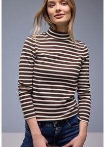 Langarmshirt Street One, Damen, Gr. 42, molten earth, Jersey, Obermaterial: 95% Baumwolle, 5% Elasthan, gestreift, tailliert h&uuml;ftbedeckend, Rundhals, Shirts Langarmshirt, in Streifen-Optik und mit Turtleneck