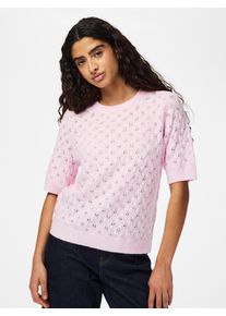 Strickpullover Pieces "PCLELOU SS O-NECK KNIT NOOS BC", Damen, Gr. S, roseate spoonbill detail:melange, Strick, Obermaterial: 65% Polyester, 17% Polyacryl, 10% Nylon, 5% Wolle, 3% Elasthan, meliert, regular fit normal, Rundhals, Pullover Strickpullover, mit Ajourmuster