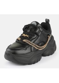 Plateausneaker Buffalo "Bliss Chain", Damen, Gr. 38, schwarz, goldfarben, Lederimitat, Schuhe Plateausneaker, Halbschuh, Schn&uuml;rschuh, Chunky Sneaker mit Zierkette
