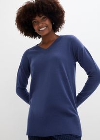 Longpullover bonprix "Long-Pullover", Damen, Gr. 48/50 (XL), blau (indigo), Obermaterial: 70% Baumwolle, 30% Polyamid, loose fit, V-Ausschnitt, Pullover Longpullover, aus Baumwolle und Polyamid, mit V-Ausschnitt, mit Seitenschlitzen
