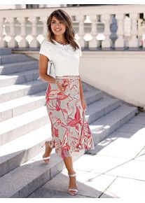 Jerseyrock Lady, Damen, Gr. 23, hellgrau, koralle, bedruckt, 95% Viskose, 5% Elasthan, bedruckt, gebl&uuml;mt, gemustert, mehrfarbig, wadenlang, R&ouml;cke Jerseyrock