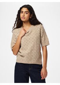 Strickpullover Pieces "PCLELOU SS O-NECK KNIT NOOS BC", Damen, Gr. XS, taupe gray detail:melange, Strick, Obermaterial: 65% Polyester, 17% Polyacryl, 10% Nylon, 5% Wolle, 3% Elasthan, meliert, regular fit normal, Rundhals, Pullover Strickpullover, mit Ajourmuster