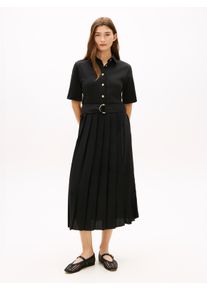 Hemdblusenkleid Tommy Hilfiger "GOLD BUTTON MIX MEDIA DRS", Damen, Gr. L (42/44), N-Gr, schwarz, Web, Obermaterial: 100% Baumwolle, unifarben, tailliert knielang, V-Ausschnitt, Kleider Hemdblusenkleid, mit Bindeg&uuml;rtel