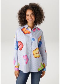 Hemdbluse Aniston CASUAL, Damen, Gr. 48, bunt (wei&szlig;, hellblau, pink, rosa, blau, rot, orange, braun, gelb, oliv, t&uuml;rkis), Web, Obermaterial: 100% Baumwolle, bedruckt, gestreift, oversize Po-bedeckend, 1-Knopf-Manschette, Blusen Hemdbluse, gestreift und mit bunten Schmetterlingen bedruckt - NEUE KOLLEKTION