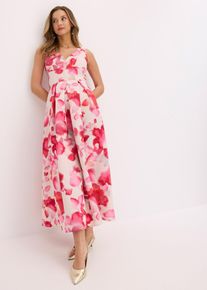 bonprix Maxikleid aus gl&auml;nzendem Satin, wei&szlig;, Gr.46, Modern und feminin: Maxikleid mit Taillen-Einsatz und Falten-Rock aus gl&auml;nzendem Satin mit floralem Print