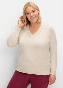 sheego Gro&szlig;e Gr&ouml;&szlig;en V-Ausschnitt-Pullover mit Rollkante, beige-meliert, Gr&ouml;&szlig;e 48 - Damen