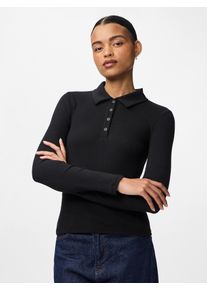 Langarm-Poloshirt Pieces "PCKITTE LS POLO TOP JRS NOOS", Damen, Gr. S, schwarz, Jersey, Obermaterial: 95% Baumwolle, 5% Elasthan, unifarben, figurbetont normal, Rundhals, Shirts Langarm-Poloshirt, mit gerippter Struktur