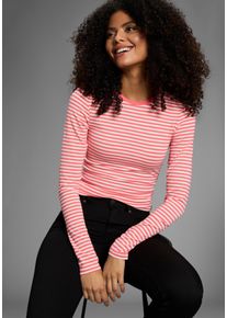 Longsleeve Flashlights, Damen, Gr. 52/54, koralle, sanftes wei&szlig;, Jersey, Obermaterial: 47% Polyester, 46% Viskose, 7% Elasthan, gestreift, sehr figurbetont h&uuml;ftlang, Rundhals, Shirts Longsleeve, h&uuml;ftlange Schnittform, mit Rundhalsausschnitt, gestreifte Optik