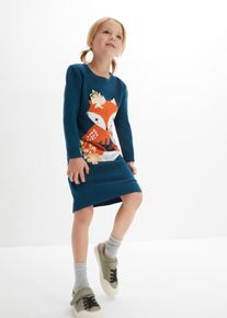 Strickkleid bonprix, M&auml;dchen, Gr. 92/98, N-Gr, blau (blaupetrol), Obermaterial: 50% Baumwolle, 50% Polyacryl, slim fit, Kleider Strickkleid, aus Baumwolle und Polyacryl, schmale Passform, mit Print