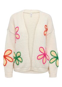 Strickjacke Only "ONLMARNIA LIFE LS FLOW OPEN CARD CS KNT", Damen, Gr. M, birch detail:flan, outline, fuchsia p, flame, deep m, Strick, Obermaterial: 100% Polyester, bestickt, regular fit normal, V-Ausschnitt, Strickjacken Strickjacke, mit 3D-Stickerei, Topseller