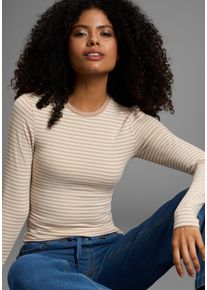 Longsleeve Flashlights, Damen, Gr. 44/46, sand, sanftes wei&szlig;, Jersey, Obermaterial: 47% Polyester, 46% Viskose, 7% Elasthan, gestreift, sehr figurbetont h&uuml;ftlang, Rundhals, Shirts Longsleeve, h&uuml;ftlange Schnittform, mit Rundhalsausschnitt, gestreifte Optik